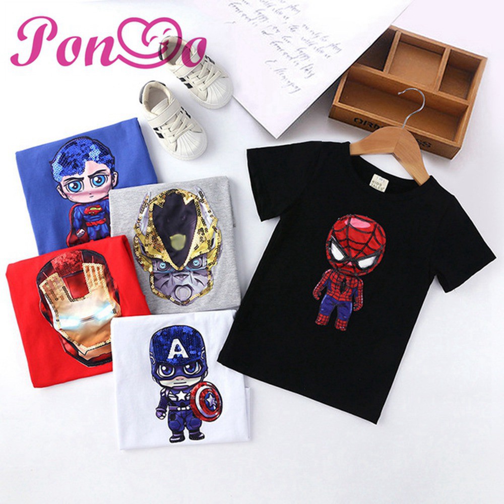 1-8Yrs Boy Shirts Marvel Hero Tshirt Captain America Superman Spiderman Cartoon LED Shirt Kids Lighting Costume