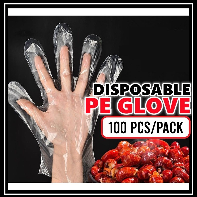 [ 100PCS ] Disposable Glove One-off Plastic Gloves Restaurant BBQ Transparent Eco-friendly PE Gloves