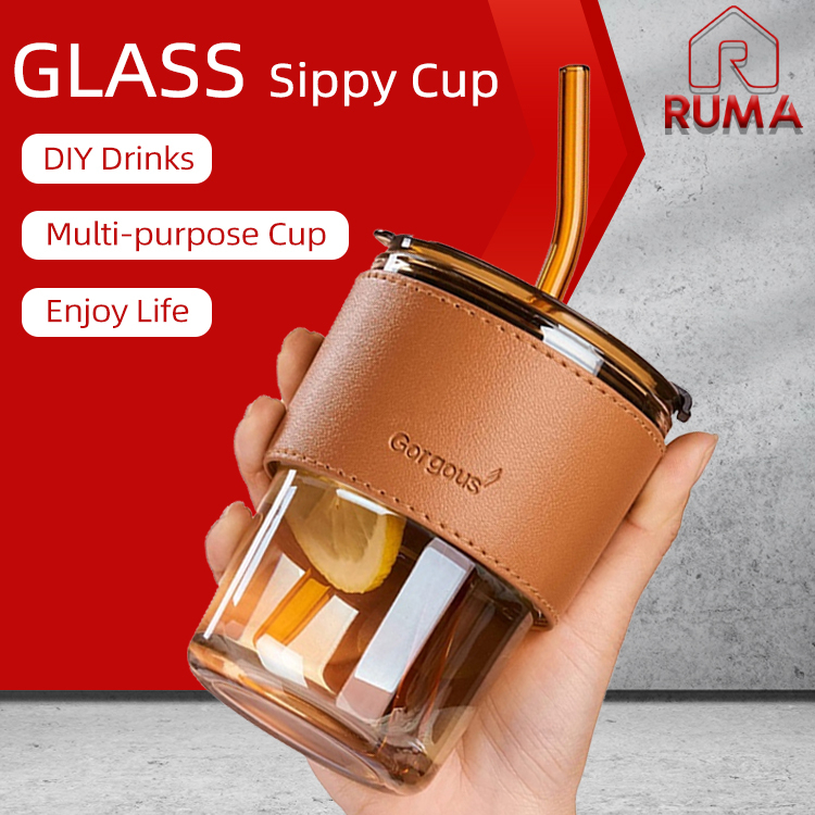 100% QC【High quality】Glass Straw Cup with Lid Heat Cold Resistant Iced Water Bottle Viral Coffee Glass Mug Transparent