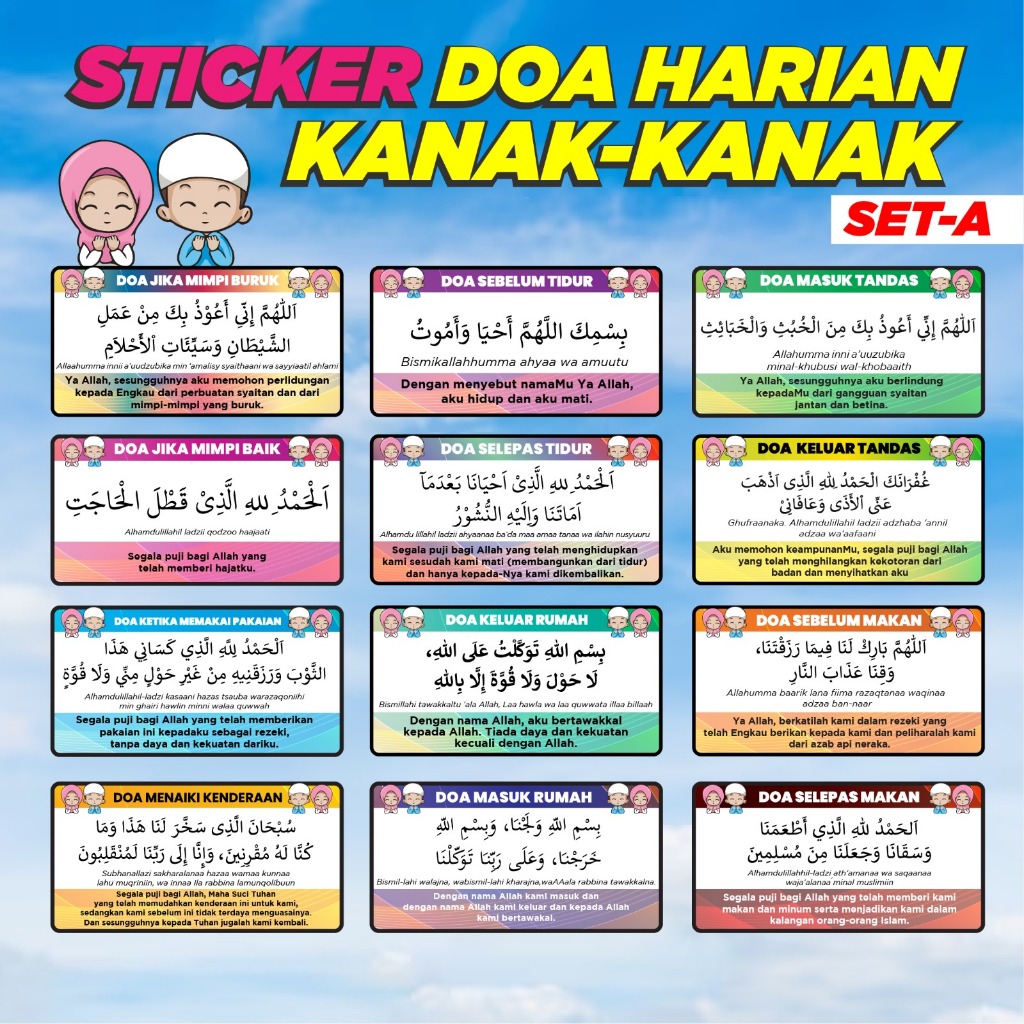 10pcs + 2pcs STICKER DOA-DOA HARIAN - Untuk anak kecil MUDAH belajar dan HAFAL, Doa masuk tandas, Doa makan, naik kereta