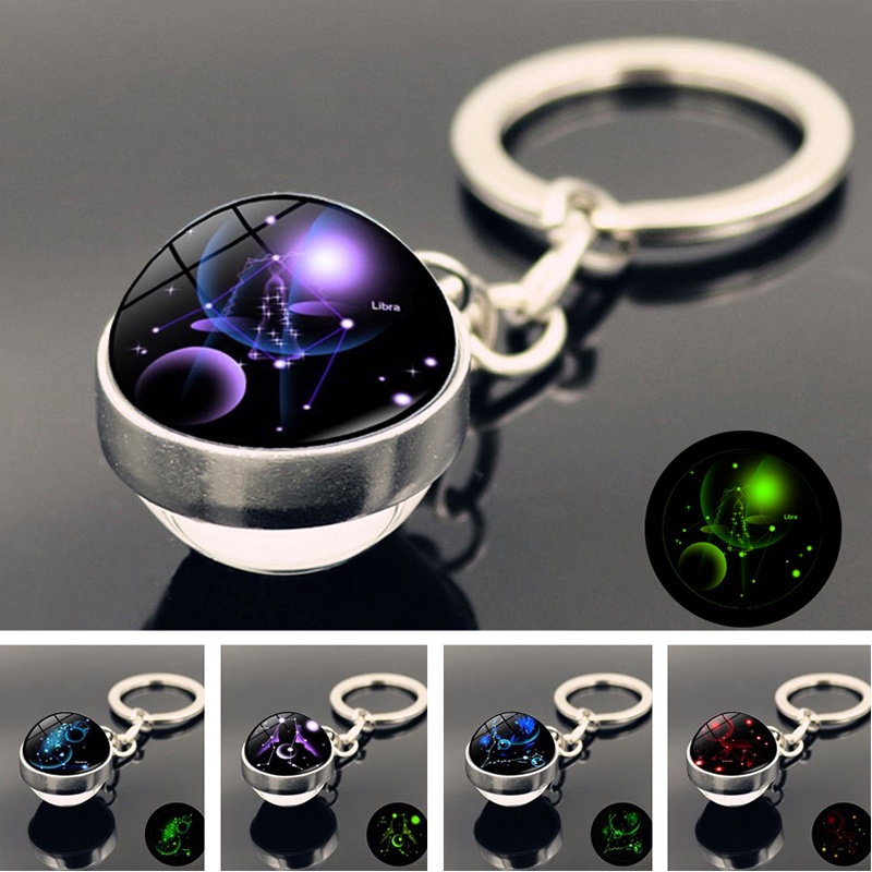 12 Constellation Luminous Keychain Zodiac Signs Glass Ball Pendant Key Ring Keychain for Key Birthday Gift