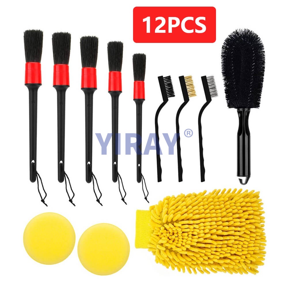 12pcs Car Detailing Brush Kit Wire bristles Wheel Rims Clean Brush Set Sponge Accessories Parts Wash gloves Clean Tool Tire Brush 汽车细节刷