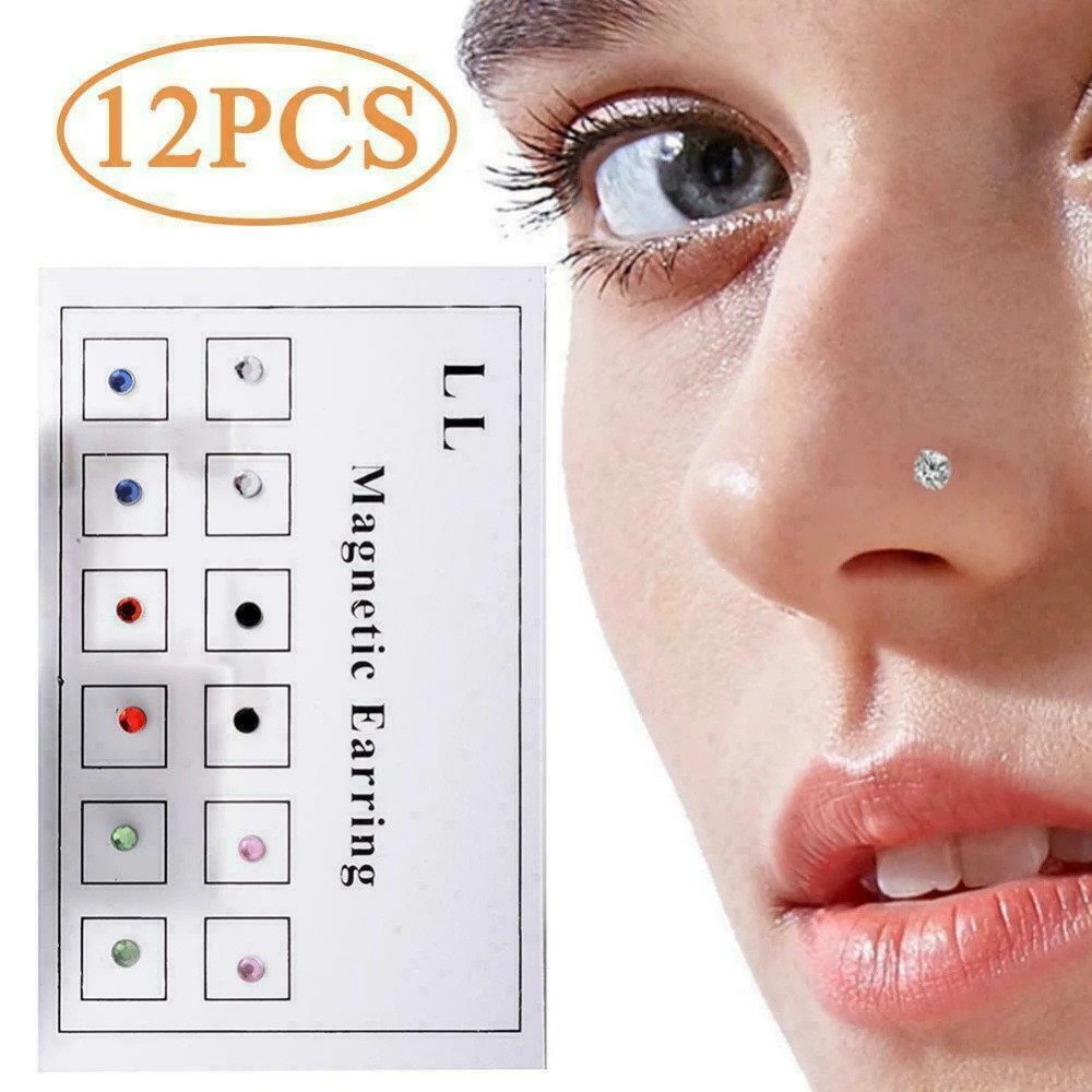 12Pcs / Card Magnetic Non Piercing Rhinestone Ear Stud Lip Cartilage Studs / Fashion Jewelry Nose Studs Stickers