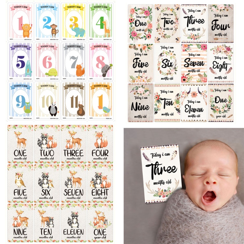 ✿ 12 Pcs Month Sticker Baby Photography Milestone Memorial Monthly Newborn Kids Commemorative Card Number Photo Props