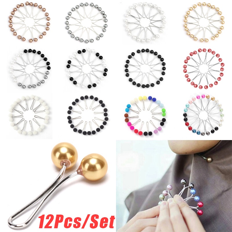 12pcs/set Lady Muslim Scarf Hijab Clips Pearl Pins Brooch Fixed Headscarf Brooches Charm Jewelry Accessories Gift for Girls