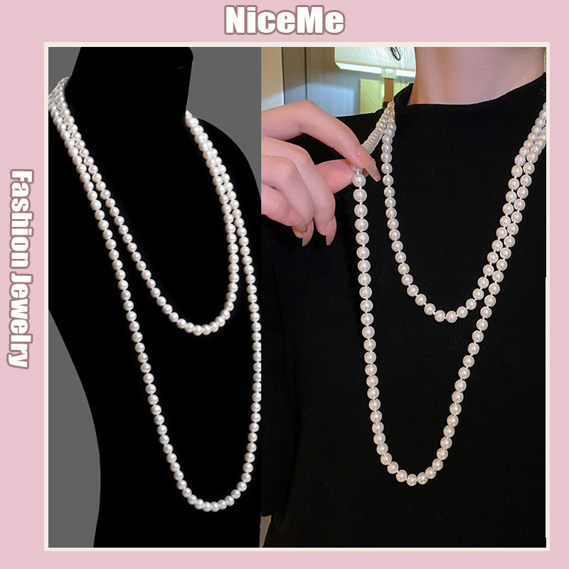 150cm Trendy Long Pearl Necklace Women Elegant White Pearl Necklace Simple Sweater Chain