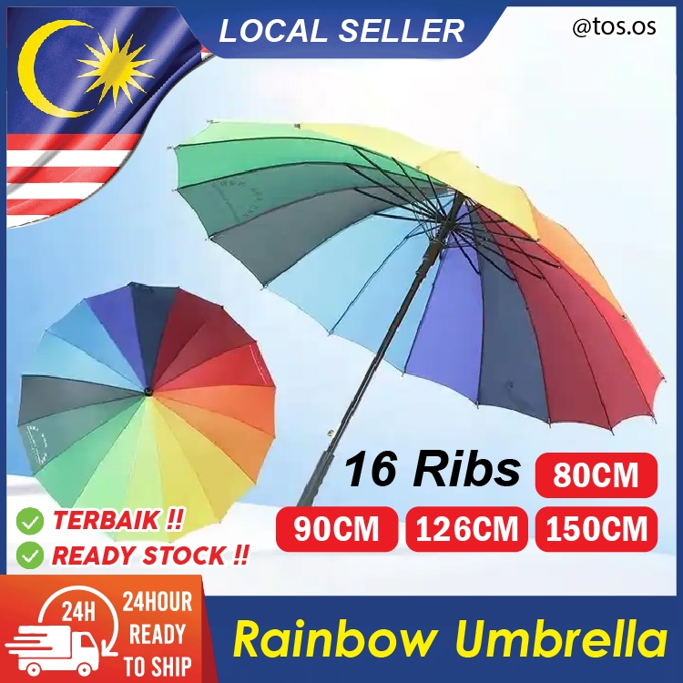 16 Ribs Rainbow Umbrella Curved Handle Waterproof Raining Sun Protection Parasol / Payung Pelangi