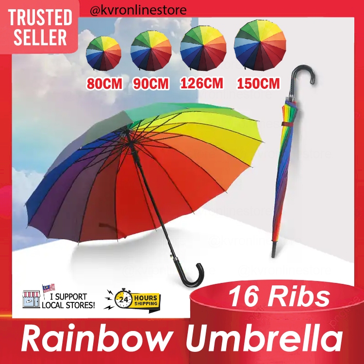 16Ribs Rainbow Umbrella Curved Handle Waterproof Raining Sun Protection Parasol / Payung Pelangi