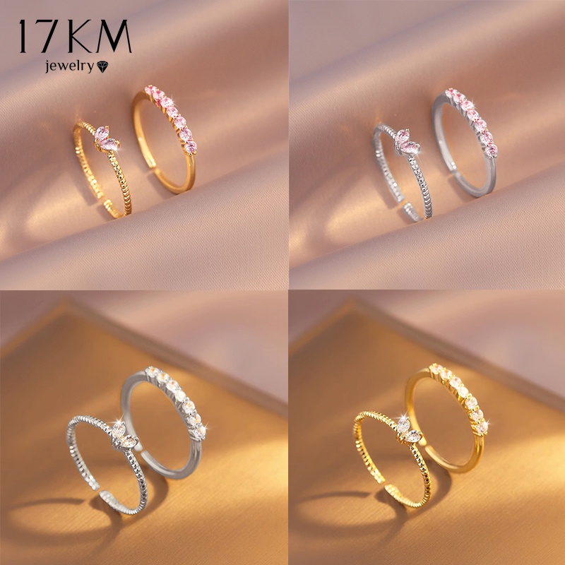 17KM 2Pcs/set Zircon Heart Ring Set Elegant Gold Silver Opening Adjustable Rings for Women Jewelry Accessories