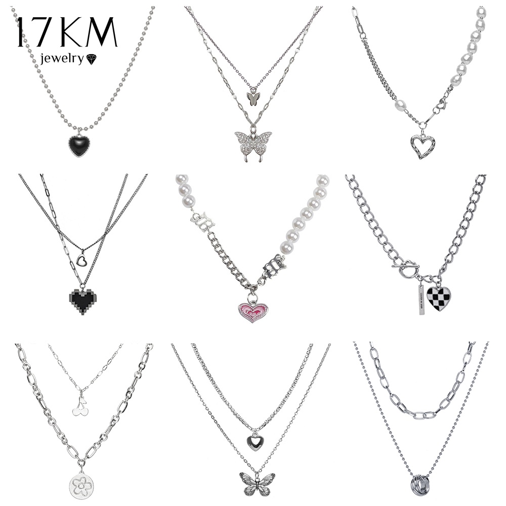 17KM Vintage Crystal Multilayer Necklace Checkerboard Mosaic Heart Butterfly Pendant Necklaces Women Jewelry Accessories