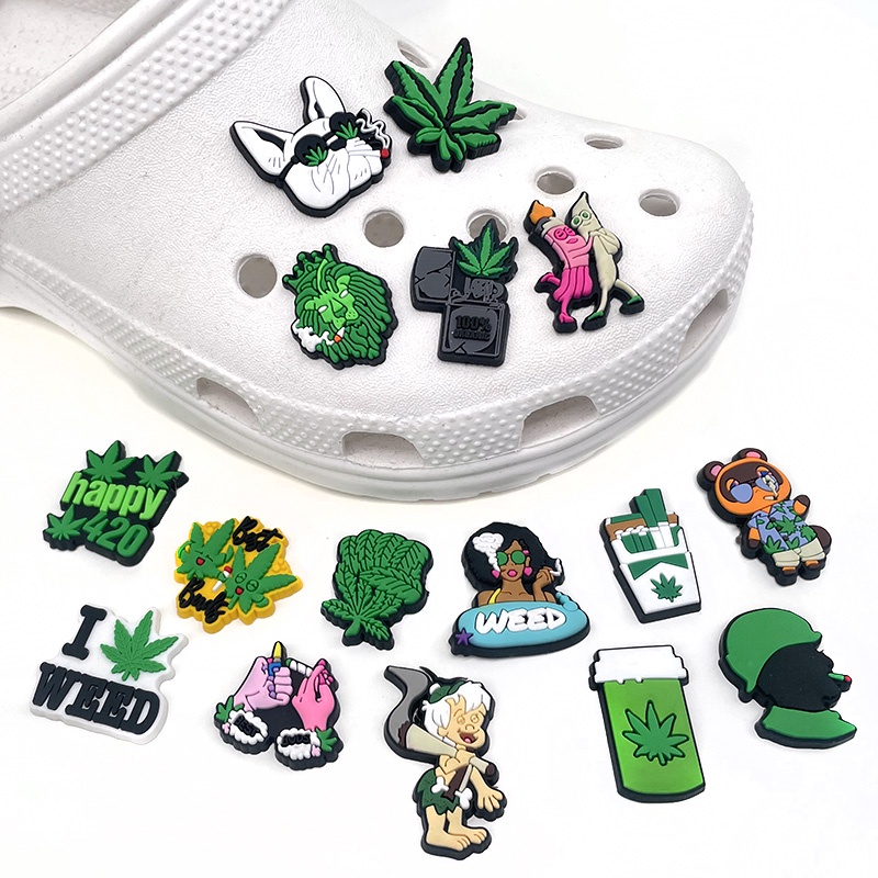 19pcs Cartoon Green Leaf Jbits for Crocs Set Cannabis Weed Jibbits Charms Pin Grass Shoe Charm Men Shoes Accessories Decoration