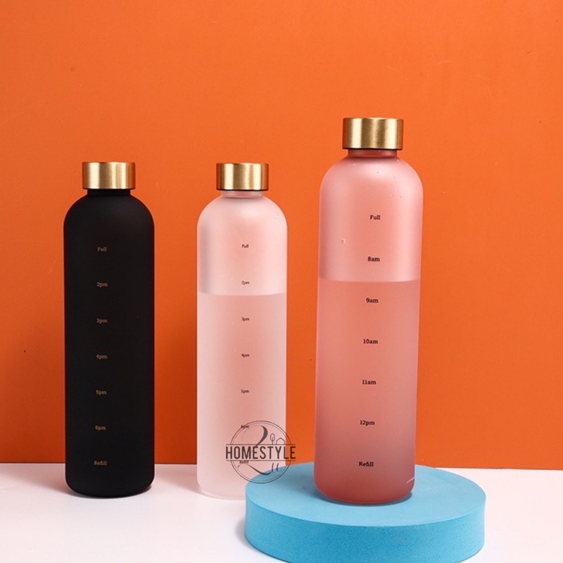 1L Water bottle leak-proof reminder to drink, 1000ml gradient color water bottle with time Food Grade PP Plastic 网红渐变色水瓶