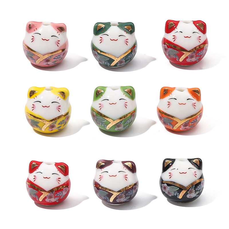 1Pc 15x14mm Colorful Hand-painted Ceramics Lucky Cat Good Fortune Beads For Jewelry Making DIY Bracelet Accessories