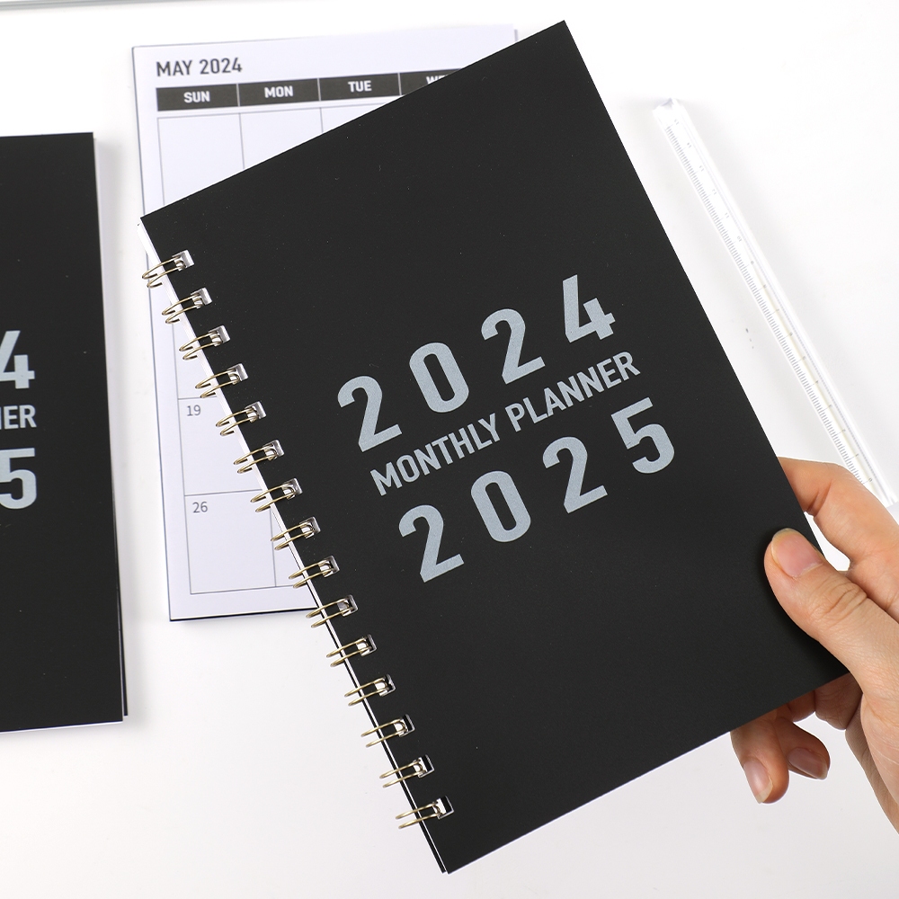 1pc 2024-2025 Monthly Planner Black and white Waterproof cover 24 Months Office Planner Time Management Personal Agenda To Increactive Productivity Organize 27sheets 141*210mm