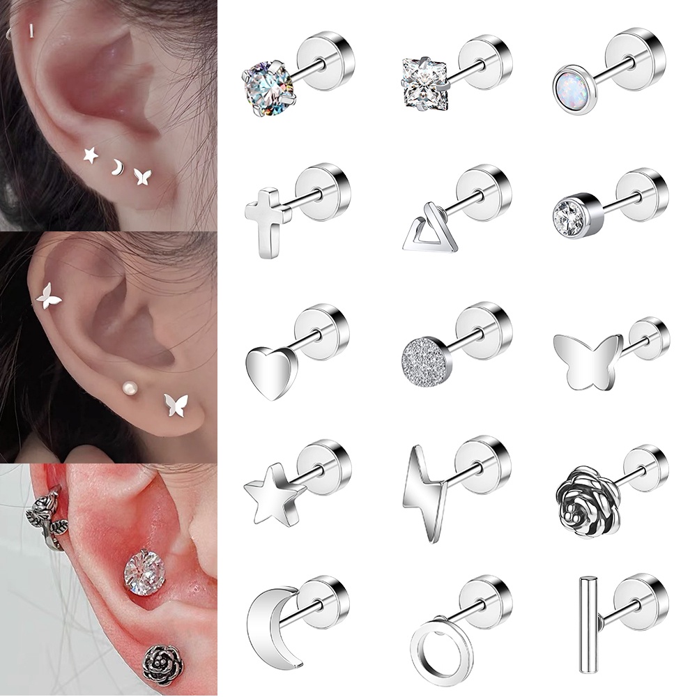 1 Pc Stainless Steel Flat Bottom Studs Earring Butterfly Rose Flower Earrings Crystal Cartilage Helix Conch Ear Piercing