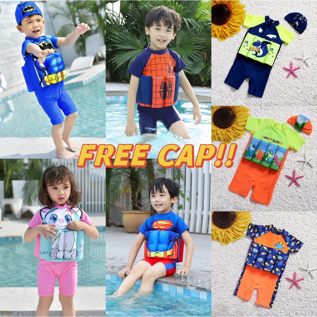 1 Piece Short Sleeve Float Swimming Suit with Cap Kids Boy Girl