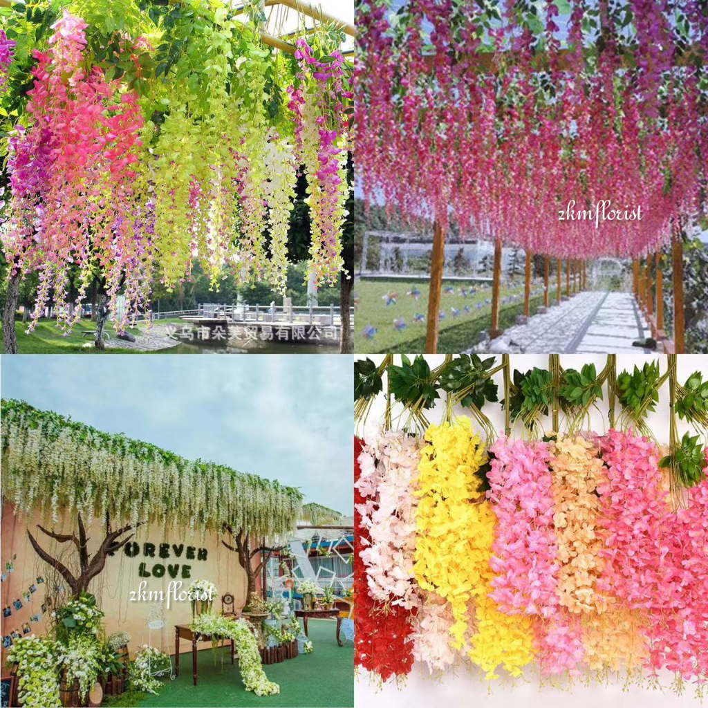 (1 Stalk) 3 BRANCHES WISTERIA Artificial Flowers Leaves Hanging Flowers Wedding Deco Home Decor Garden Outdoor Wall Daun