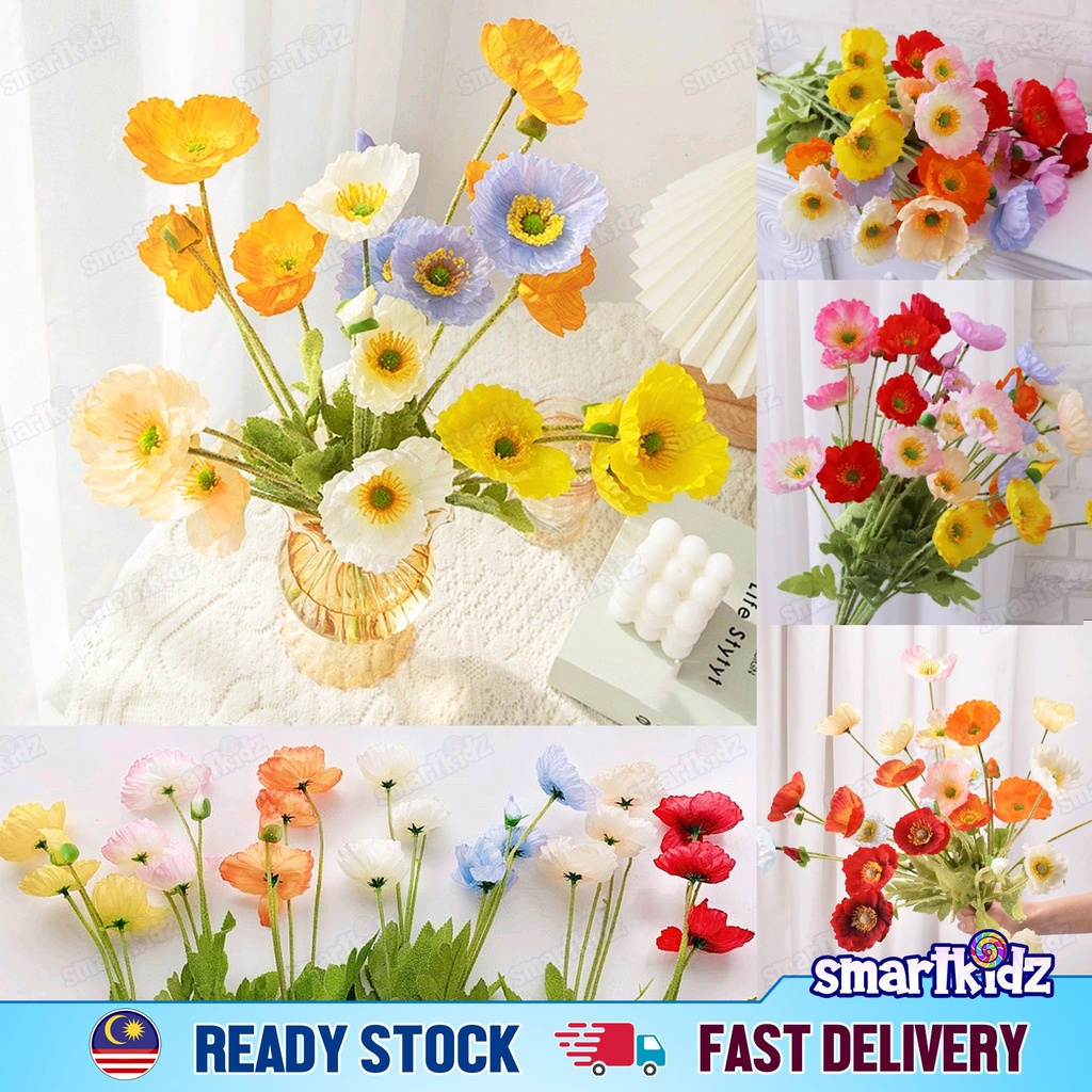 [1stalk] 4 Heads Poppies Artificial Flowers 60cm with Silk Cloth | Poppy Flower Decoration | Wedding Decors - smartkidz