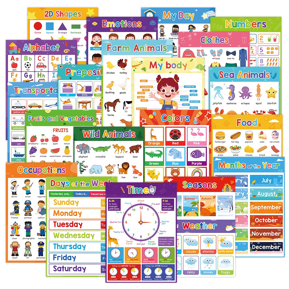 20 Themes Learning English for Children Fruit Color Animal Body Big Cards Learning Toys School Classroom Decoration A4 Poster