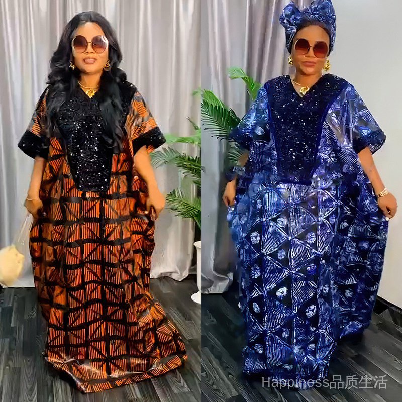 ✨24 Hours Delivery✨European European American Women's Middle Eastern Sequin Printed Loose Robe with Headscarf African Ethnic Style Crystal Satin Dress 8930