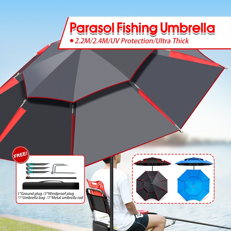 2.4M Big Fishing Umbrella Camping Khemah Payung Memancing Besar Beach Rainproof UV Sun Shade Patio Garden Parasol 钓鱼伞