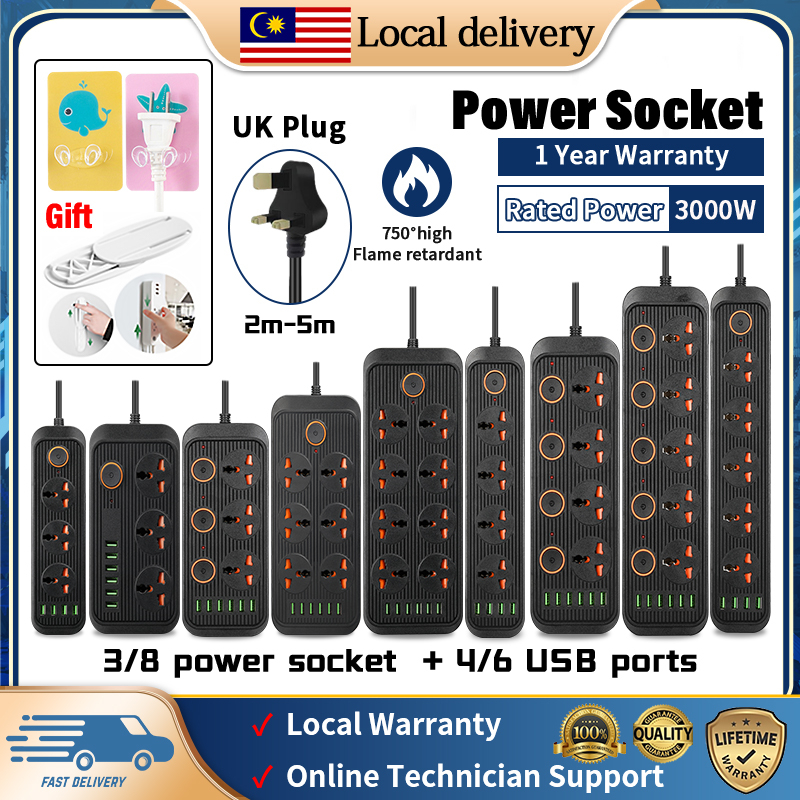 [24 Ship] UK Plug Universal Power Socket 3/8 Power Extension Socket With USB Socket Surge Protector 2-5m Extension Cord