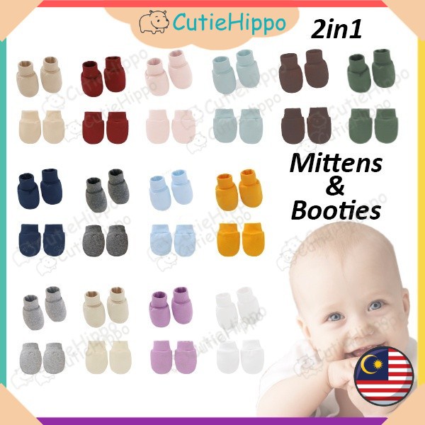 (2in1) Newborn Baby Mittens Booties Mitten 2 in 1 Set Baby Anti Scratching Gloves Infant Beanie Cap Bayi Sarung Tangan