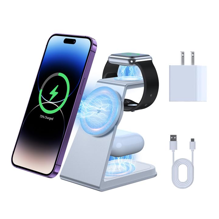 3 in 1 Wireless Charger, 15W Fast Charging Station for iPhone, Compatible with iphone14/13/12/11Pro Max, Compatible with Apple Watch and AirPods（Silver White）.