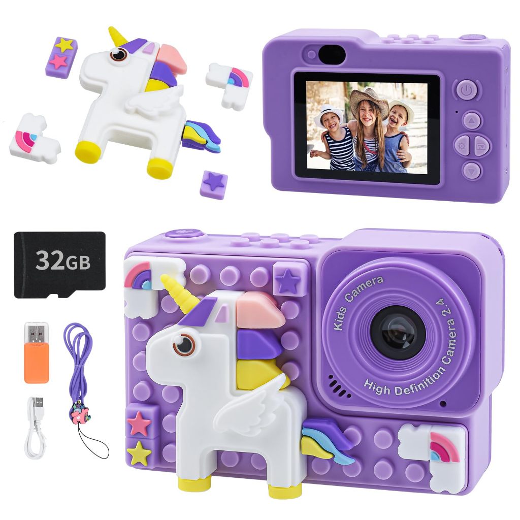 32GB SD Card Kids Camera Children Digital Video Toy Camera with Silicone Building CardBlocks for Kids Birthday Gifts