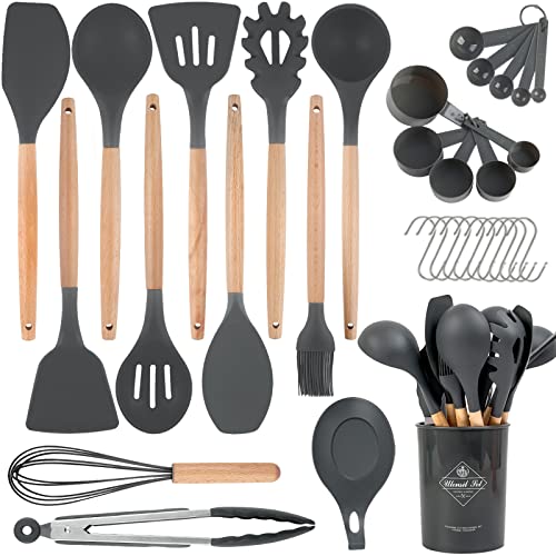 33 Pcs Cooking Utensils Set, Heat Resistance Silicone Kitchen Utensils Set with Holder, Non-stick Silicone Spatula Spoon Kitchen Gadgets Utensils Set with Natural Wooden Handle(Grey)