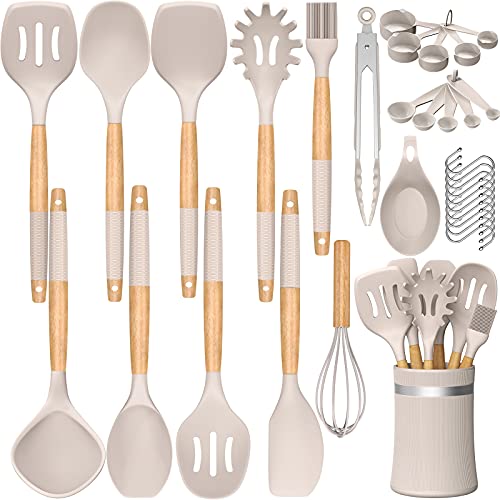 33 PCS Silicone Kitchen Utensils Set, Umite Chef Heat Resistant Cooking Utensils Set With Holder, Wooden Handle Kitchen Gadgets Tools Spatula Set for Nonstick Cookware(BPA Free & Khaki)