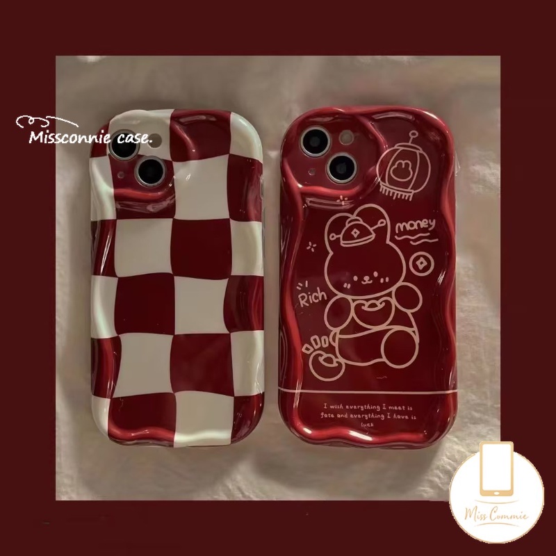 3D Wavy Curved Edge Glossy Phone Case Compatible for IPhone 7 6 6s 8 15 Plus 11 14 13 12 15 Pro Max XR X XS Max 15 7Plus Checkerboard Cartoon Red New Year Rich Cute Rabbit Cover