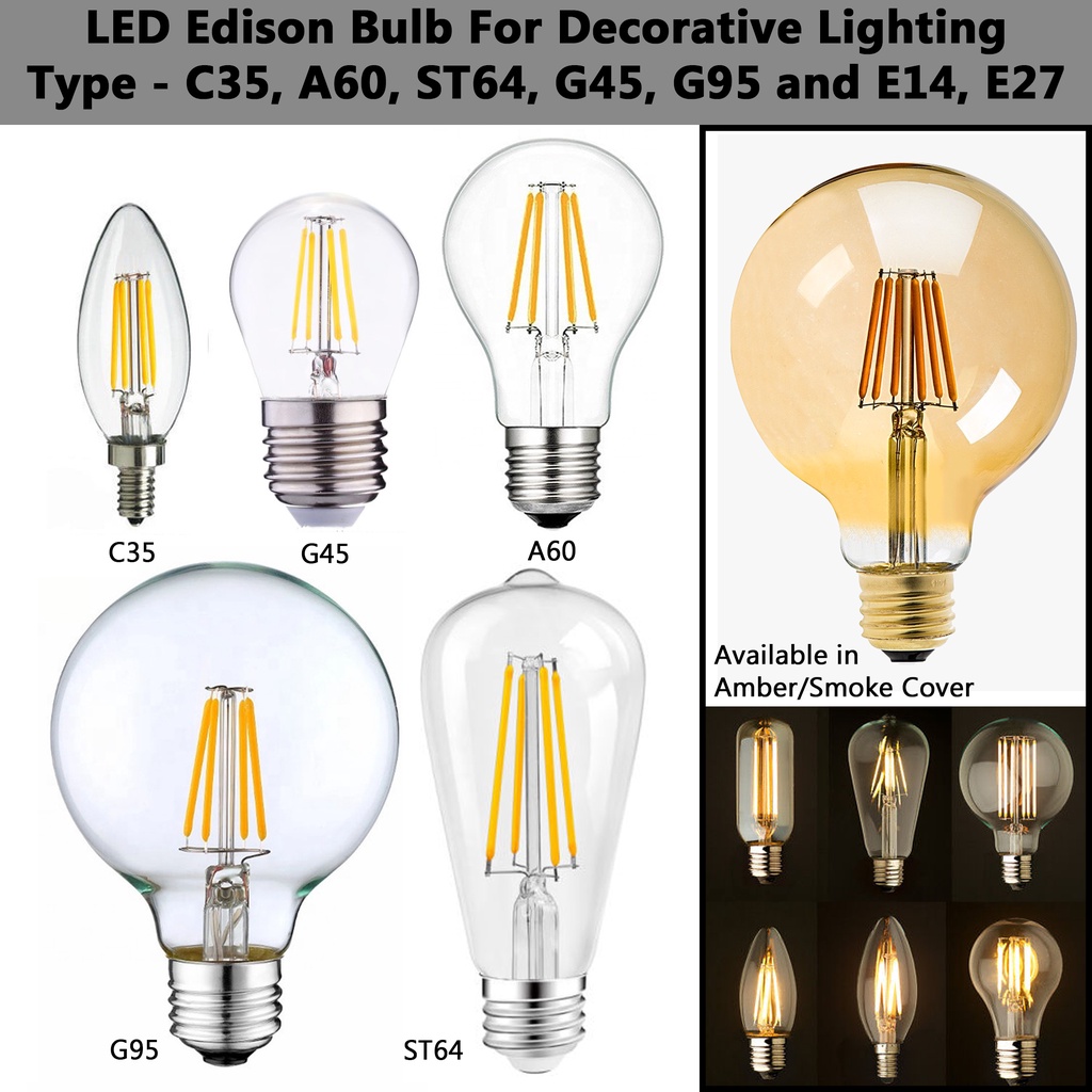 3H E14/E27 4W/6W [C35/A60/G45/G95/ST64] Clear Amber Smoke Glass Cover Decoration LED Edison Vintage Lamp Bulb