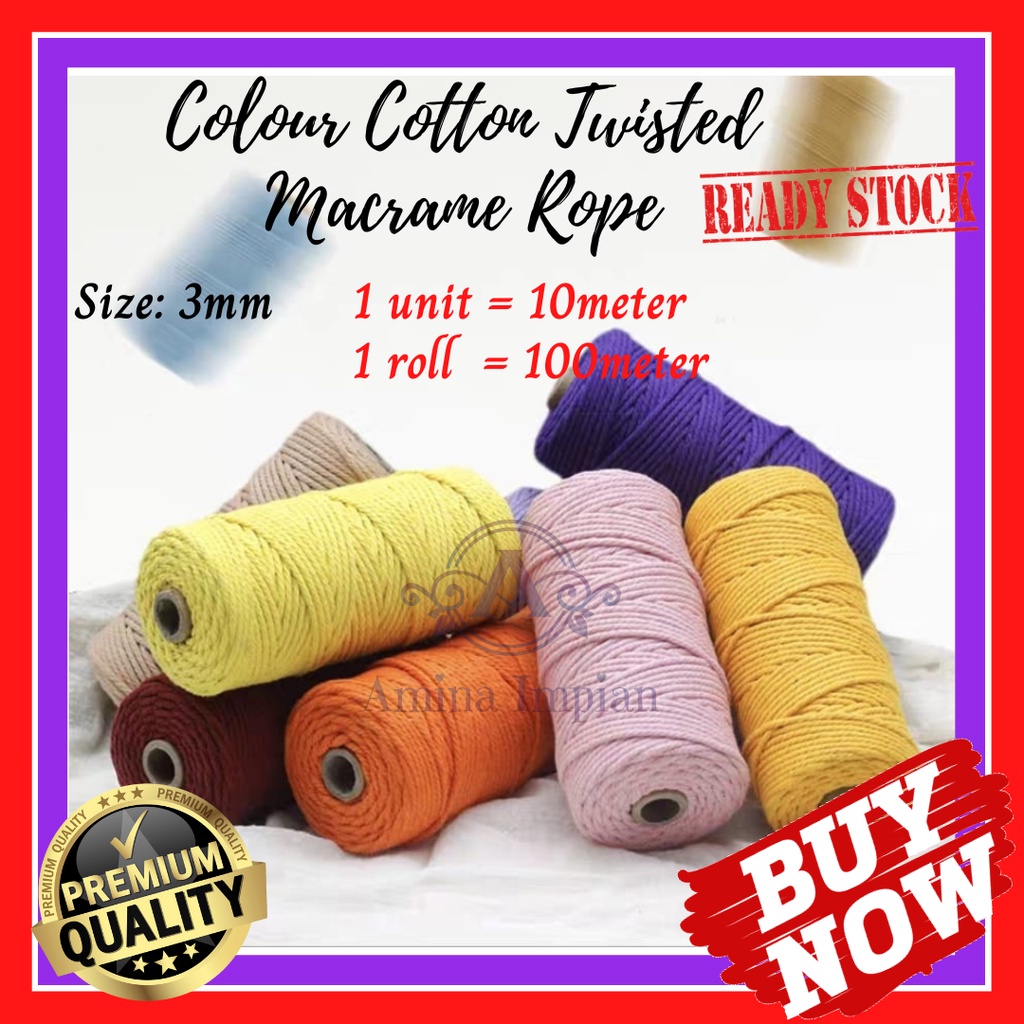 3mm Colour Macrame Rope Natural Cotton Twisted Cord Artisan Hand Craft / Tali Kapas Buatan Tangan Tenunan Tali