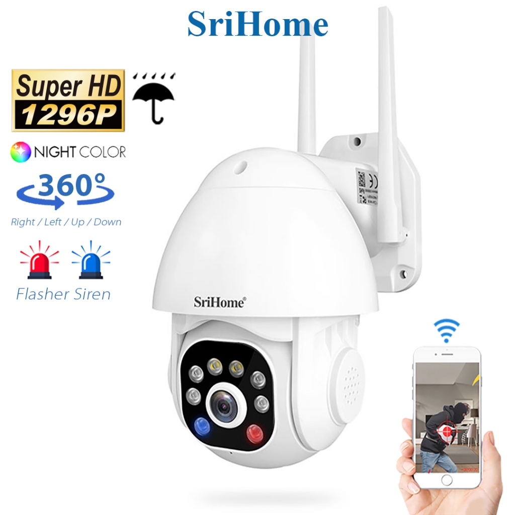 (3MP) SriHome SH039B Outdoor WiFi Camera CCTV IP Security Cam Full Color Night Vision 2 Way Audio + SIREN FLASH ALARM