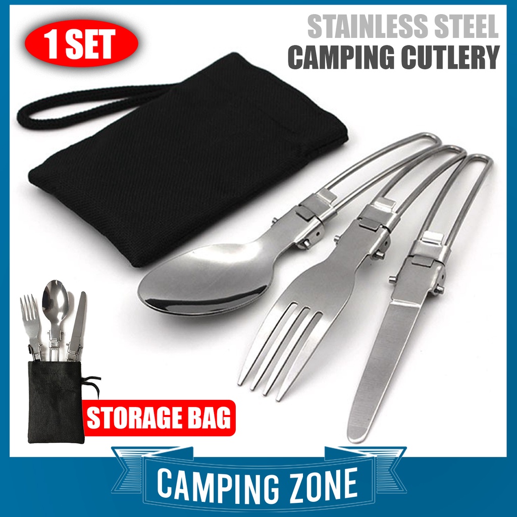 3PCS CAMPING FORK SPOON KNIFE BAG Stainless Steel Portable Camping Picnic Folding Cutlery Peralatan Makan Khemah 不锈钢露营餐具