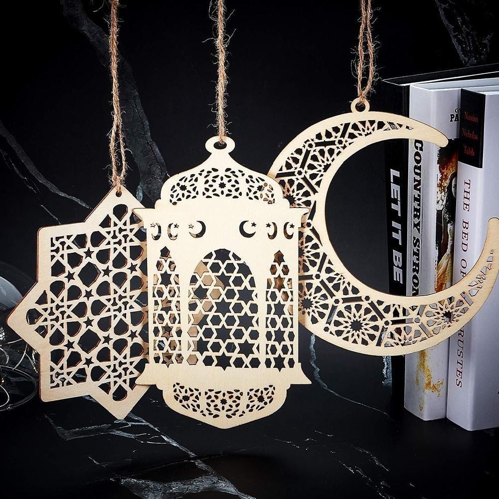 3Pcs Islam Eid Ramadan Mubarak Hollow Wooden Moon Hanging ornament Decorations Hanging Lantern Pendant Islam Muslim