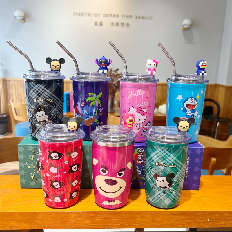 450ml Disney Cartoon Bear Lotso Coffee Cup Cute Vacuum bottle With Straw Student Thermos Luxury Design Women Office Desk Mugs Girls Gift