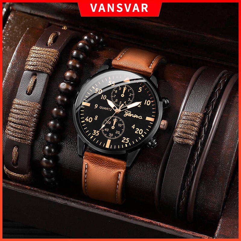 4PCS Geneva Men's Watches Set Casual Leather Band Quartz Watch with Vintage Bracelet
