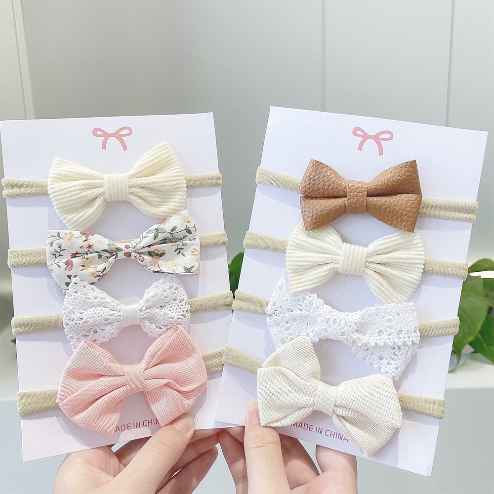 4 Pcs/Set Baby Infant Printed Floral Hair Bows Headband Lace Leopard Hair Accessories for Toddler