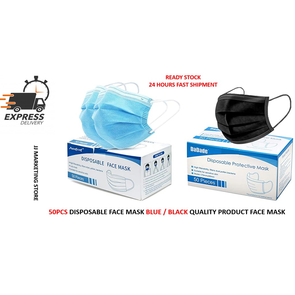 50PCS MASK BLUE/BLACK DISPOSABLE/HIJAB AND BLUE MEDICAL 3PLY/4PLY FACE MASKS (READY STOCK)