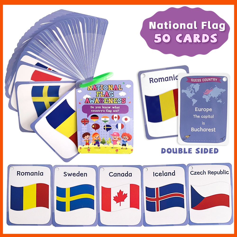 50PCS National Flags of The Country World Flash Cards Early Learning Cards Children’s Early Education Recognizes World Flag Card Flash Card Learning Materials for Kids