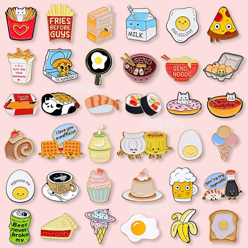 50 Styles Creative Food Lapel Pin Sushi Ice Cream Milk Coffee Enamel Brooch Cartoon Gourmet Egg Badge Food Styling Jewelry Gift