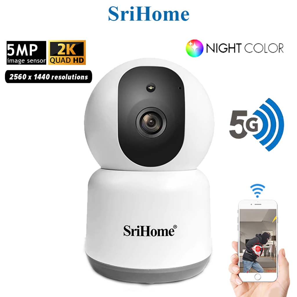 (5MP) 5G WiFi CCTV SriHome SH038 2K IP Security Camera, PTZ, Two-Way Voice, Alarm Siren, Color Night Vision, Phone View