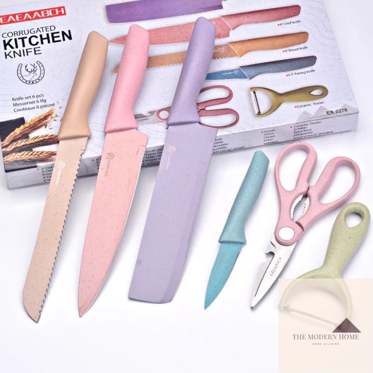 6 In 1 Evcrierh Corrugated knife Kitchen Knife set colourful Pisau Dapur KITCHEN KNIVES 厨房刀剪刀KITCHEN SCISSORS