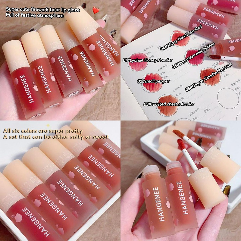 6 Pcs Liquid Lipstick Set, Lustrous Mirror Dewy Finish, Moisturizing Long Lasting Lip Glaze Set, Cute Bear Printed