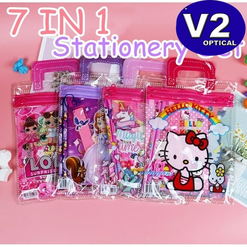 7 in 1 Cartoon Kids Stationery Set With Handle Cute Children Birthday Present Goodies Bag Stationary Doorgift