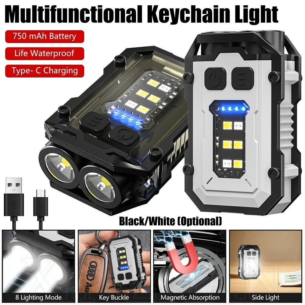 8 Modes Powerful Blue Red Flashlight / Waterproof Magnetic Camping Pocket Lantern / Outdoor Portable EDC Small Keychain Light / Type-C Rechargeable LED COB Torch