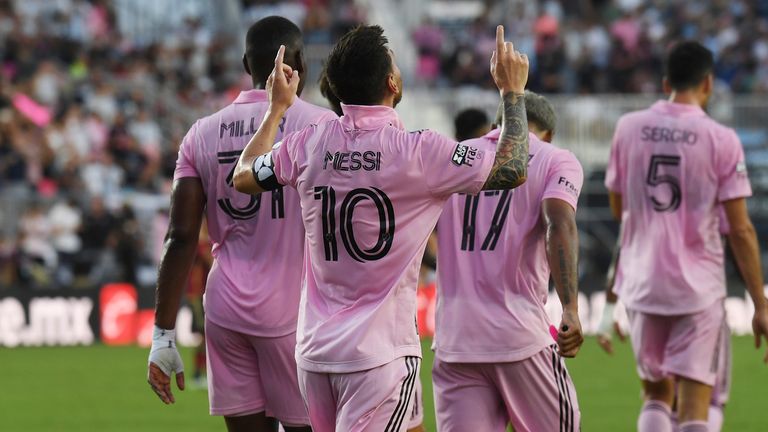 Messi celebrates the first of his two goals 