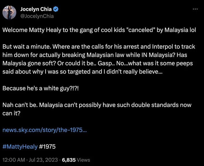 Selamba Jer Jocelyn Chia Perli Malaysia Di Twitter,- “Welcome Matty Healy To The Gang Cancelled”